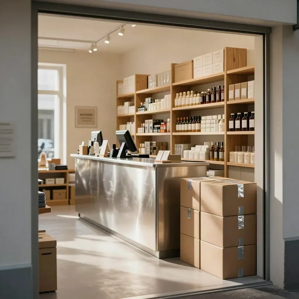 Bright retail shop with stocked shelves, checkout counter, and delivery boxes in soft daylight