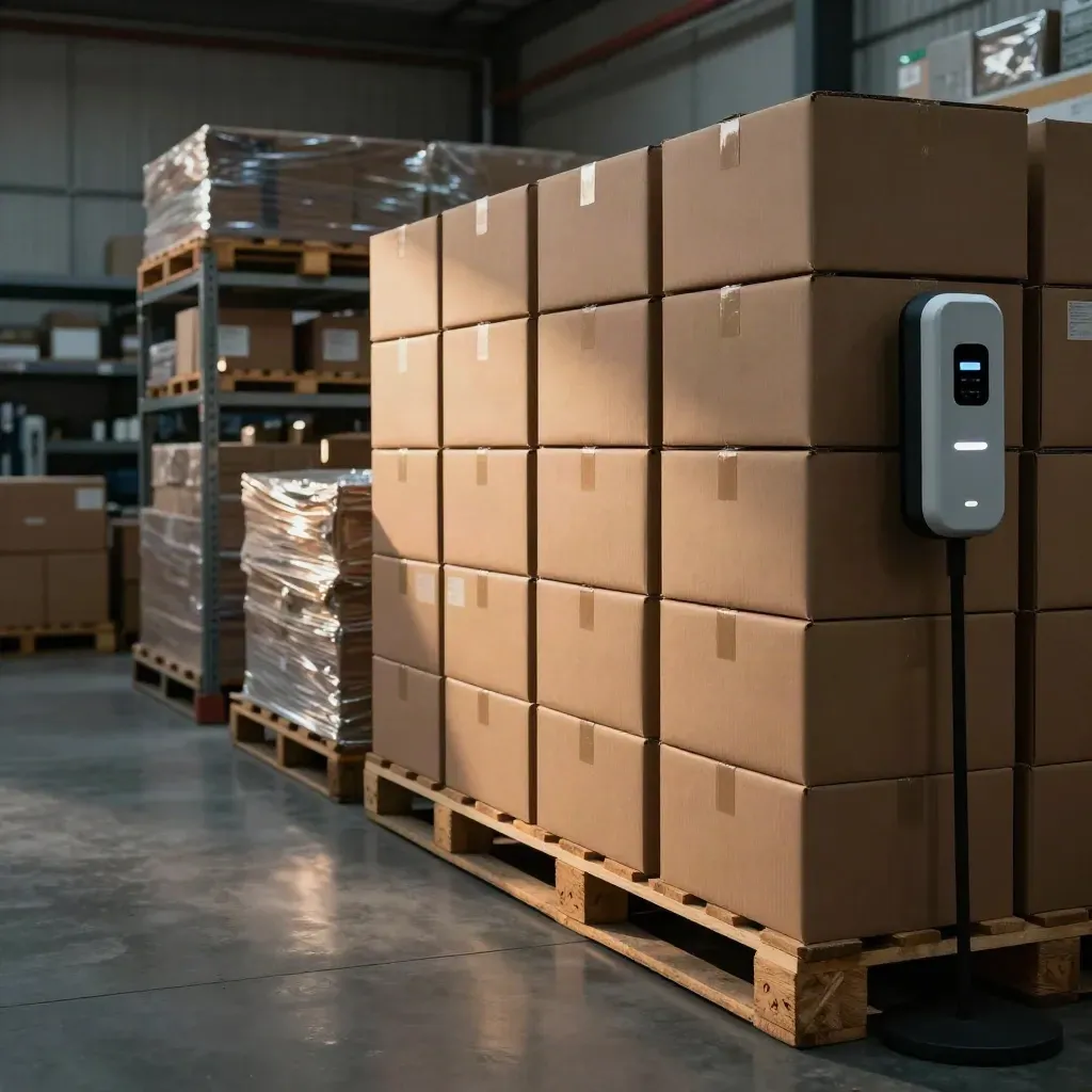 Empty startup stockroom with boxed inventory, charging docks, and open pallets in moody evening light.