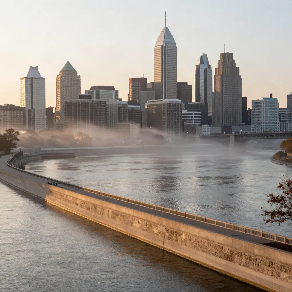 Philadelphia skyline over the Schuylkill in golden sunrise haze above a calm riverfront