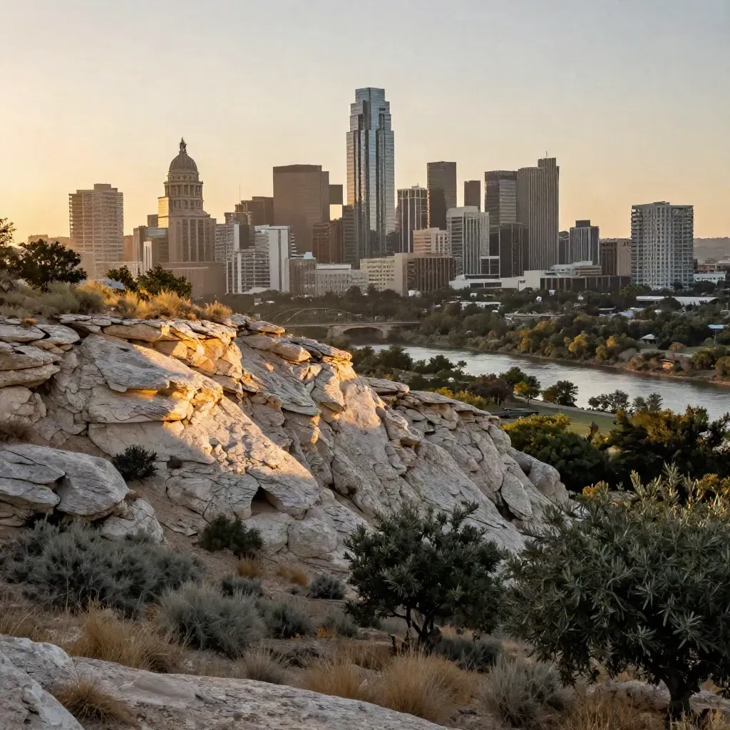Austin skyline above limestone hills and the hazy Colorado River valley at sunset