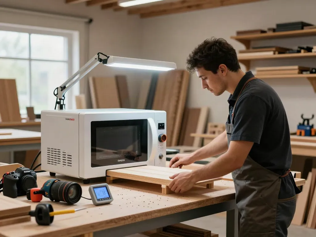 SHASHEL® microwave device in use for wood treatment, eradicating wood-boring insects in a professional workshop.